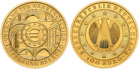 Bundesrepublik Deutschland 100 Euro 2002 Erste deutsche Euro-Goldmünze, Übergang zur Währungsunion-Einführung des Euro J. 493. 
in Orig.Etui mit Zert...