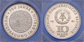 DDR 10 Mark 1981 Probe 700 Jahre Münzprägung in Berlin J. 1582P 1. 
verplombt PP