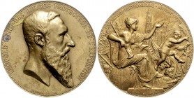 Belgien Leopold II. 1865-1909 Bronzemedaille 1885 vergoldet (v. Wiener) auf die Universalausstellung in Antwerpen 
kl.Fleck, 60,2mm 90,2g vz