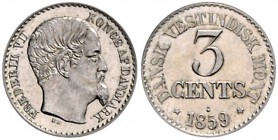 Dänisch Westindien Frederik VII. 1848-1863 3 Cent 1859 KM 64. 
 f.st