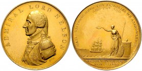 Großbritannien George III. 1760-1820 Bronzemedaille 1800 vergoldet (v. Kempson) a.d. Rückkehr des Admirals Nelson nach England u. seinen Sieg in der S...
