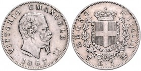 Italien Vittorio Emanuele II. 1859-1878 1 Lira 1867 T BN Turin Monten. 205. KM 5a.2. 
 ss+