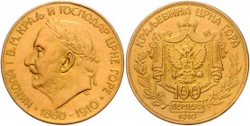 Montenegro Nikolas I. 1860-1918 100 Perpera 1910 mit Randschrift Friedb. 1. KM 12. 
 ss