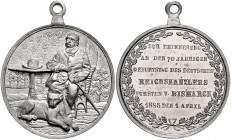 Sammlung Otto v. Bismarck Zinnmedaille 1885 (unsign.) auf seinen 70. Geburtstag Bennert 44. Slg. Bö. 5073. 
36,3mm 19,1g vz-st