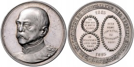 Sammlung Otto v. Bismarck Silbermedaille 1895 (v. Drentwett) auf seinen 80. Geburtstag Bennert 144. Slg. Bö. 5340. 
34,0mm 17,4g vz+