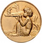 - Jugendstil Bronzemedaille o.J. vergoldet (v. Thenot) mit Darstellung eines sitzenden Faun der Flöte spielt, im Hintergrund zwei Rehe 
einseitig, 49...