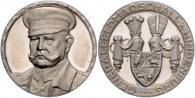 - Personen - Hindenburg, Paul v. 1847-1934 Silbermedaille o.J. (unsign.) auf den Generalfeldmarschall, i.Rd: SILBER 800 
34,1mm 18,4g f.st
