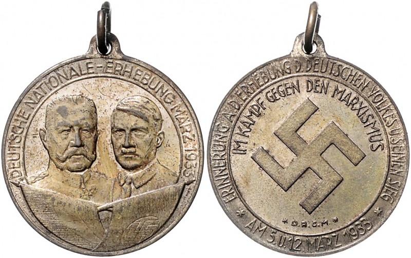 - Personen - Hitler, Adolf 1889-1945 Bronzemedaille 1933 versilbert Hindenburg/H...