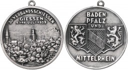 - Schützenmedaillen - Giessen Silbermedaille 1929 a.d. 30. Verbandsschießen Baden-Pfalz und Mittelrhein am 6.-14. Juli 
m. Orig.Öse 40,3mm 26,7g vz...