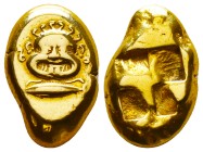 MYSIA. Cyzicus. Ca. 500-450 BC. EL stater . Facing Gorgoneion, head covered with writhing snakes, tongue protruding, tunny (tuna) fish left below / Qu...