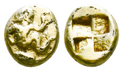 Greek Mysia. Kyzikos circa 550-450 BC. Sixth Stater or Hekte EL Triton reclining to left, holding wreath in raised left hand, leaning on left elbow; t...