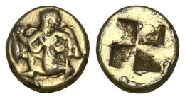 MYSIA, Kyzikos. Circa 550-450 BC. EL Stater. Nike advancing left, head right, wings spread, holding in right hand a tunny by the tail / Quadripartite ...