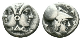 Mysia, Lampsakos AR Diobol. Circa 400-300 BC. Janiform female head in taenia with disk earring; I∆O across neck / Helmeted head of Athena right; ΛAMΨA...