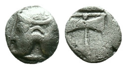 Troas, Tenedos,AR. Silver Obol Late 5th-early 4th century BC. Obv: Bust of Artemis to right, wearing stephane Rev: Labrys; T-E across lower fields. Re...