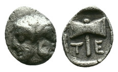 Troas, Tenedos,AR. Silver Obol Late 5th-early 4th century BC. Obv: Bust of Artemis to right, wearing stephane Rev: Labrys; T-E across lower fields. Re...