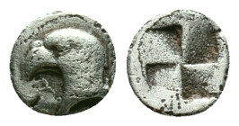 C. Aeolis, Kyme, AR Hemiobol,Circa 480-450 BC. Obv: Head of eagle left. Rev: Quadripartite incuse square. Reference: Condition: Very Fine

Weight: 0...