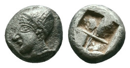 Ionia, Phokaia, AR Diobol,Circa 521-478 BC. Obv: Archaic female head left, wearing earring and helmet or close fitting cap. Reference: Condition: Very...