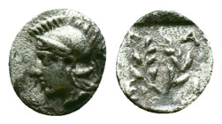 Aeolis. Elaia circa 450-400 BC.Diobol AR Helmeted head of Athena left / E-Λ-Α-Ι in four corners starting from bottom left, counterclockwise of incuse ...