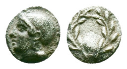Aeolis. Elaia circa 450-400 BC.Diobol AR Helmeted head of Athena left / E-Λ-Α-Ι in four corners starting from bottom left, counterclockwise of incuse ...