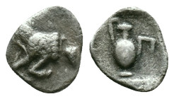 Islands off Mysia, Prokonnesos AR Hemiobol. Circa 450-425 BC. Forepart of horse to left; A on shoulder, [grape bunch to right] / Oinochoe; Π to right....