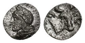 MYSIA, Kyzikos (Circa 460-410 BC) AR obol Obv: Head of Attis left, wearing Phrygian cap; below, tunny. Rev: KY-ZI clockwise, Z as H; head and neck of ...