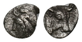 MYSIA, Kyzikos (Circa 460-410 BC) AR obol Obv: Head of Attis left, wearing Phrygian cap; below, tunny. Rev: KY-ZI clockwise, Z as H; head and neck of ...