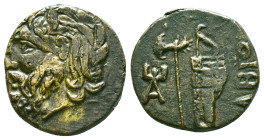 SKYTHIA. Olbia. Ae (Circa 310-280 BC). Obv: Horned head of Borysthenes left. Rev: OΛBIO. Axe and bow in quiver; monogram to left. Reference: Condition...