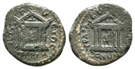 Trajan (98-117), Mysia, Pergamum, Æ, Pollion, strategus. Statue of Augustus standing facing, holding sceptre, within tetrastyle temple; in pediment, c...