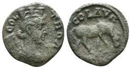 Troas, Alexandria Troas. Colonial civic issue. 3rd century A.D. AE 22 as equivalent . COL TRO - AV, draped bust of Tyche right wearing mural crown of ...