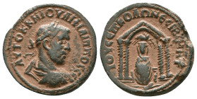 Mesopotamia, Nisibis. Philip I. A.D. 244-249. AE. Laureate, draped and cuirassed bust of Philip I right Rev: Statue of Tyche seated facing within tetr...