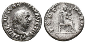 VITELLIUS, A.D. 69. AR Denarius, Rome Mint. ICG FINE-15. RIC-107. "A VITELLIVS GERM IMP AVG TR P" Laureate head of Vitellius facing right; Reverse: "P...