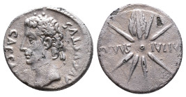 Roman Imperial Augustus AR Denarius. Uncertain Spanish mint (Colonia Caesaraugusta?), 19-18 BC. CAESAR AVGVSTVS, head left, wearing oak wreath / Eight...