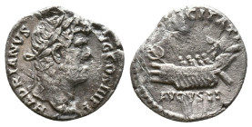 Hadrian. AD 117-138. AR Denarius. Struck circa AD 134-138. Laureate bust right, slight drapery on left shoulder / Galley with four oarsmen left, horta...