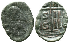 ANONYMOUS FOLLES. Class B. Attributed to Romanus III (1028-1034). Obv: + EMMA NOVHΛ / IC - XC. Bust of Christ facing, holding book of Gospels and wear...