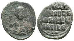 Anonymous. Class A2. Time of Basil II and Constantine VIII (1020-1028). AE follis . Constantinople. Obv: +EMMA-NOVHΛ, bust of Christ facing, wearing n...