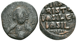 Anonymous. Class A2. Time of Basil II and Constantine VIII (1020-1028). AE follis . Constantinople. Obv: +EMMA-NOVHΛ, bust of Christ facing, wearing n...