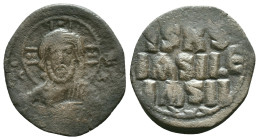 Anonymous. Class A2. Time of Basil II and Constantine VIII (1020-1028). AE follis . Constantinople. Obv: +EMMA-NOVHΛ, bust of Christ facing, wearing n...