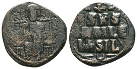 ANONYMOUS FOLLES. Class D. Time of Constantine IX (Circa 1042-1055). Follis. Constantinople. Obv: IC - XC. Christ, nimbate, seated facing on throne, h...