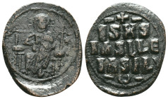 ANONYMOUS FOLLES. Class D. Time of Constantine IX (Circa 1042-1055). Follis. Constantinople. Obv: IC - XC. Christ, nimbate, seated facing on throne, h...