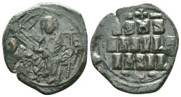 ANONYMOUS FOLLES. Class D. Time of Constantine IX (Circa 1042-1055). Follis. Constantinople. Obv: IC - XC. Christ, nimbate, seated facing on throne, h...