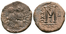 Justin II. 565-578. Æ Follis. Constantinople mint, Dated year 10 = 536/537. DN IVSTINVS PP AV, Justin II and Sophia seated on throne facing, both nimb...
