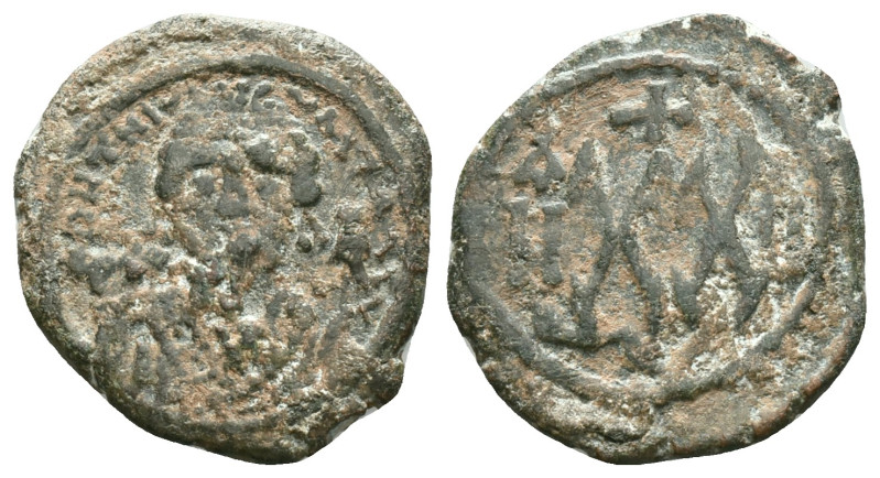 BYZANTINE EMPIRE. Maurice Tiberius, 582-602 AD. Æ Half Follis.Antioch. Crowned r...