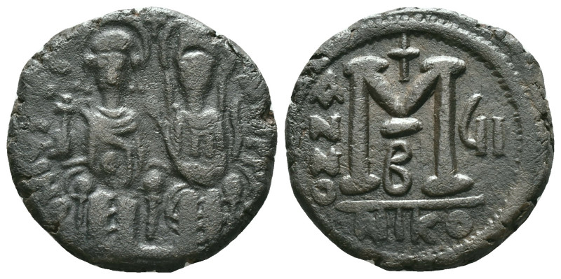 JUSTIN II with SOPHIA.(565-578).Constantinople.Ae. Obv : D N IVSTINVS P P AVG. J...