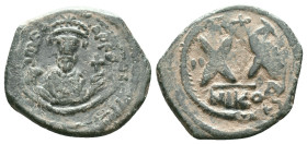 Byzantine, Phocas (602-610) AE half Follis. Nicomedia Obv: Crowned and cuirassed facing bust, holding mappa and cross Rev: Large XX, cross above, date...