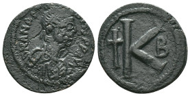 BYZANTINE EMPIRE. Anastasius I, 491-518 AD. Æ Half Follis of Constantinople. Diademed draped bust / Large K with Latin cross Reference: Condition: Ver...