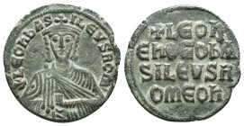 LEO VI the WISE (886-912). Follis. Constantinople. Obv: + LEON bASILEVS ROM. Crowned facing bust, holding akakia. Rev: + LEOn/En ΘΕΟ bA/SILEVS R/OMEOn...