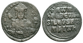 Romanus I Lecapenus AD 920-944. Follis AE Constantinople Crowned, bearded, facing bust of Romanus, wearing chlamys, holding labarum and cross on globe...