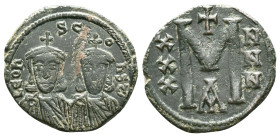 Leo V the Armenian, with Constantine, (813-820 AD) Constantinople AE Follis Obv: LEON S C-ONST' Facing busts of Leo V, with short beard, wearing chlam...