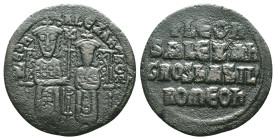 Leo VI the Wise and Alexander, AD 886-912. AE, Follis. Constantinople. Obv: + LЄOҺ-SALЄΞAҺ[δROS]. Leo on left and Alexander on right, both crowned and...