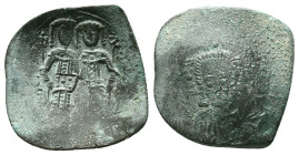 Alexius III Angelus-Comnenus. Aspron Trachy. 1195-1197 AD. Constantinople. (Doc-3). (Sear-2012). Anv.: Facing bust of Christ Emmanuel; legend around, ...